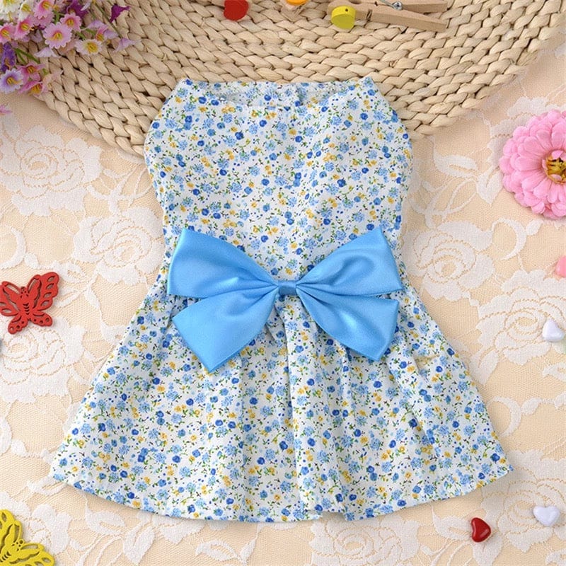 KUTKUT Lovely Floral Small Pet Frock | Ribbon Skirt for Small Dogs | Summer Clothing for Shih Tzu, Maltese, Yorkie Dog Wedding Dress (Blue) - kutkutstyle