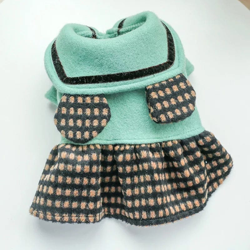 KUTKUT Newest Cute Princess Style Warm Dress for Small Dogs | Bear Ears Woolen Fabric Dog Skirt for Shish Tzu, Pug, Poodle etc ( Green) - kutkutstyle