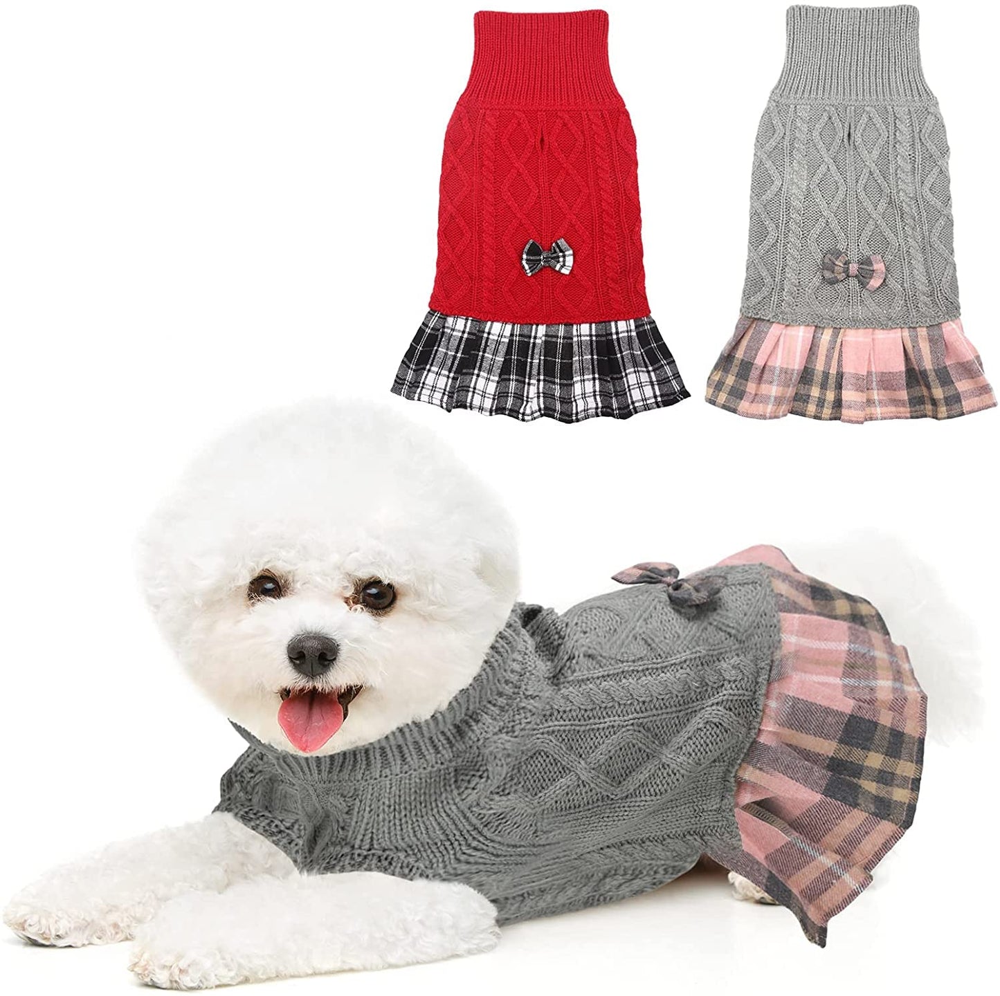 KUTKUT Pack of 2 Plaid Sweater Dress with Bowtie for Small Dogs - Dog Turtleneck Pullover Knitwear Cold Weather Sweater with Leash Hole, Suitable for Small Dogs, Cats Puppies-Clothing-kutkutstyle