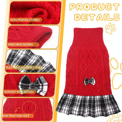 KUTKUT Plaid Sweater Tutu Dress with Bowtie for Small Dogs - Dog Turtleneck Pullover Knitwear Cold Weather Sweater with Leash Hole, Suitable for Small Dogs, Cats Puppies-Clothing-kutkutstyle