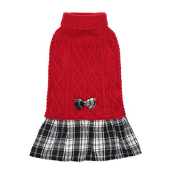 KUTKUT Plaid Sweater Tutu Dress with Bowtie for Small Dogs - Dog Turtleneck Pullover Knitwear Cold Weather Sweater with Leash Hole, Suitable for Small Dogs, Cats Puppies-Clothing-kutkutstyle