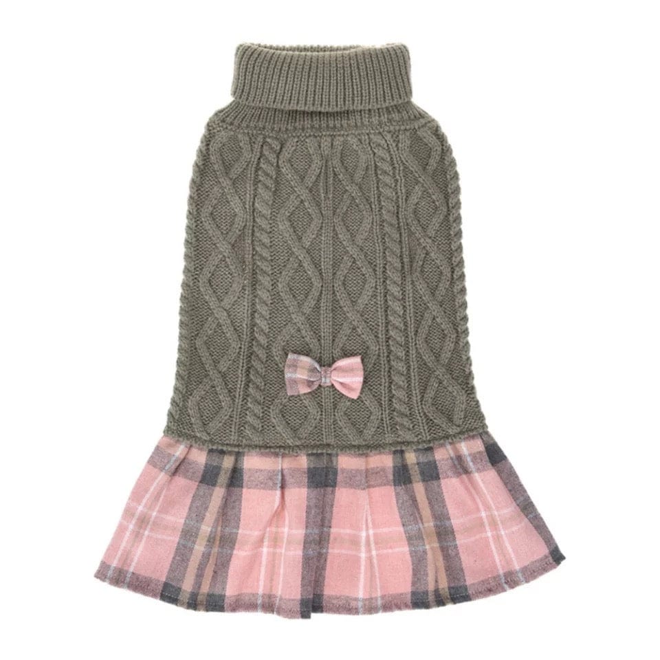 KUTKUT Plaid Sweater Tutu Dress with Bowtie for Small Dogs - Dog Turtleneck Pullover Knitwear Cold Weather Sweater with Leash Hole, Suitable for Small Dogs, Cats Puppies-Clothing-kutkutstyle