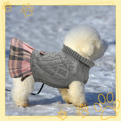 KUTKUT Plaid Sweater Tutu Dress with Bowtie for Small Dogs - Dog Turtleneck Pullover Knitwear Cold Weather Sweater with Leash Hole, Suitable for Small Dogs, Cats Puppies-Clothing-kutkutstyle