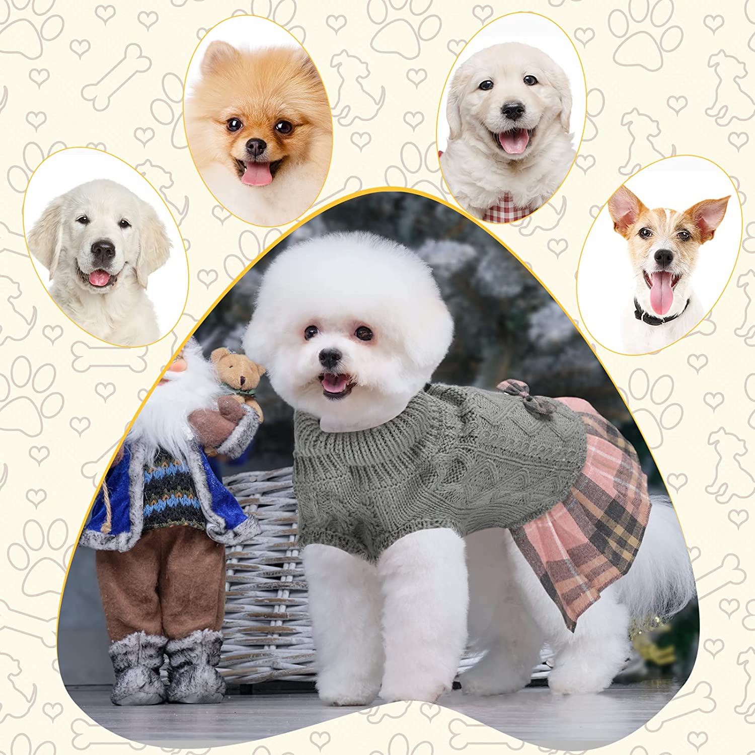 KUTKUT Plaid Sweater Tutu Dress with Bowtie for Small Dogs - Dog Turtleneck Pullover Knitwear Cold Weather Sweater with Leash Hole, Suitable for Small Dogs, Cats Puppies-Clothing-kutkutstyle