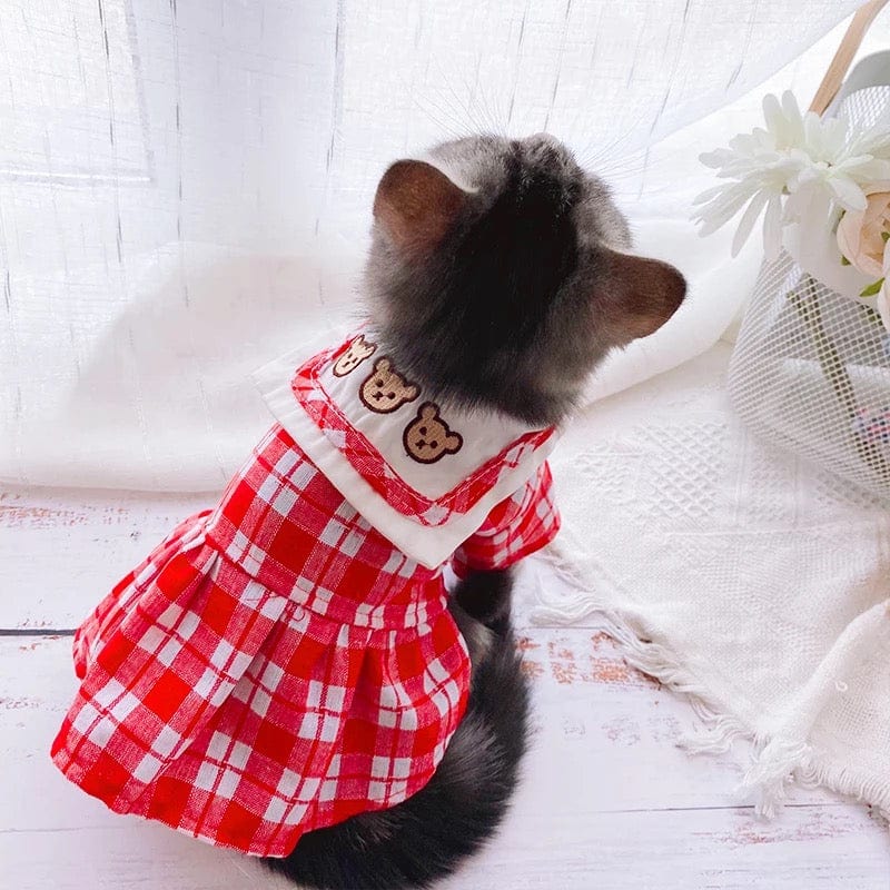 KUTKUT Red Plaid Cute Bear Dress for Small Dogs | Sailor Collar Skirt Dress for Shish Tzu, Maltese etc (Red)-Clothing-kutkutstyle