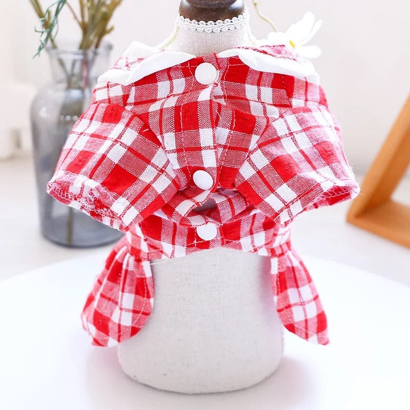 KUTKUT Red Plaid Cute Bear Dress for Small Dogs | Sailor Collar Skirt Dress for Shish Tzu, Maltese etc (Red)-Clothing-kutkutstyle