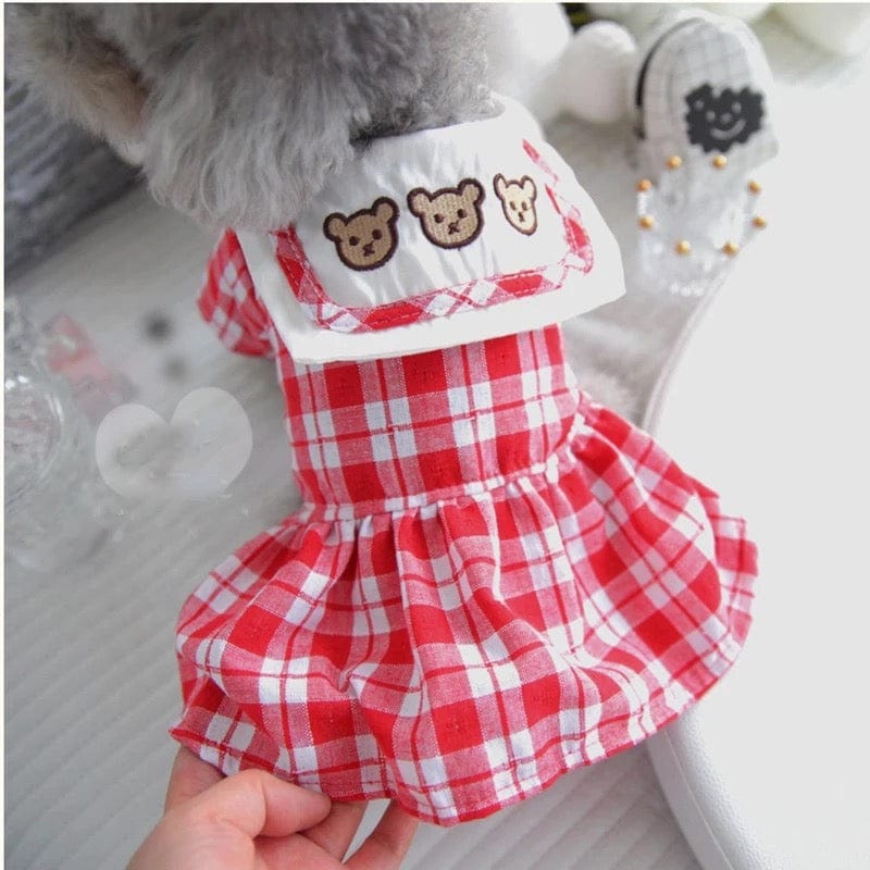 KUTKUT Red Plaid Cute Bear Dress for Small Dogs | Sailor Collar Skirt Dress for Shish Tzu, Maltese etc (Red)-Clothing-kutkutstyle