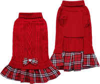 KUTKUT Small Dog Cat Girl Sweater Dress with Plaid Bowtie Pleated Skirt Dog Sweater with Leash Hole Turtleneck Dog Pullover Knitwear Puppy Sweater Winter Dog Clothes-Clothing-kutkutstyle