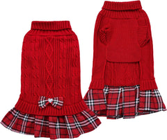 KUTKUT Small Dog Cat Girl Sweater Dress with Plaid Bowtie Pleated Skirt Dog Sweater with Leash Hole Turtleneck Dog Pullover Knitwear Puppy Sweater Winter Dog Clothes - kutkutstyle