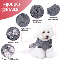KUTKUT Small Dog Cat Girl Sweater Dress with Plaid Bowtie, Pleated Skirt Turtleneck Sweater with Leash Hole Small Dog Pullover Knitwear Puppy Sweater Winter Dog Clothes-Clothing-kutkutstyle