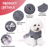 KUTKUT Small Dog Cat Girl Sweater Dress with Plaid Bowtie, Pleated Skirt Turtleneck Sweater with Leash Hole Small Dog Pullover Knitwear Puppy Sweater Winter Dog Clothes - kutkutstyle