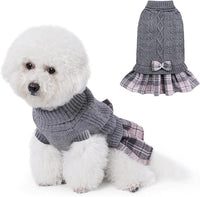 KUTKUT Small Dog Cat Girl Sweater Dress with Plaid Bowtie, Pleated Skirt Turtleneck Sweater with Leash Hole Small Dog Pullover Knitwear Puppy Sweater Winter Dog Clothes-Clothing-kutkutstyle