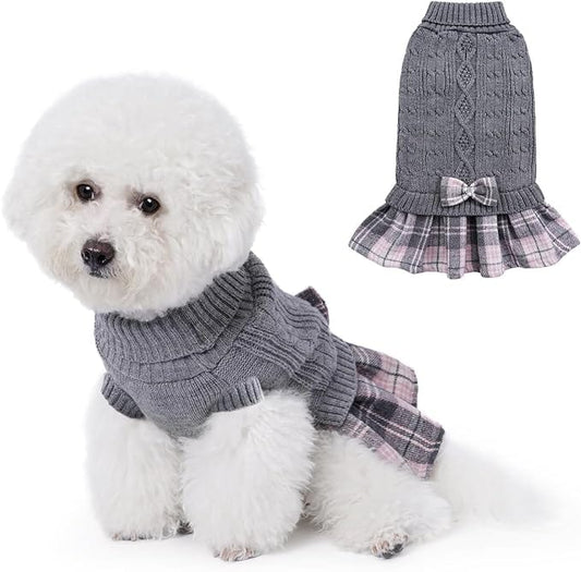 KUTKUT Small Dog Cat Girl Sweater Dress with Plaid Bowtie, Pleated Skirt Turtleneck Sweater with Leash Hole Small Dog Pullover Knitwear Puppy Sweater Winter Dog Clothes - kutkutstyle