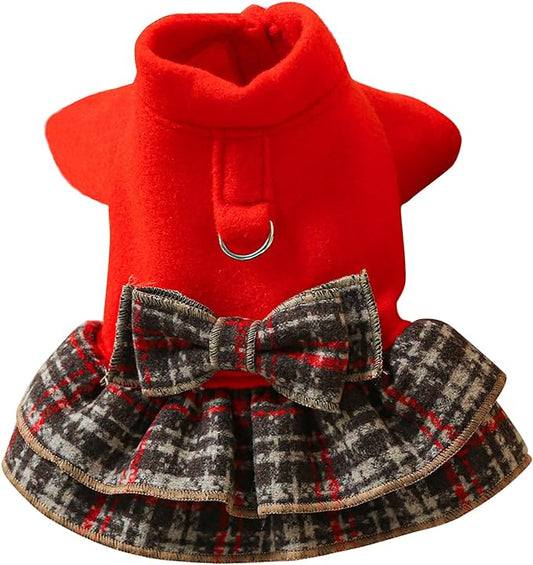 KUTKUT Small Dog Dress Harness with D Ring Cute Bow Knot with Plaid Princess Puppy Dresses Skirt, Spring Winter Warm Cat Dog Clothes for ShihTzu Puppy, Yorkii, Maltese - kutkutstyle