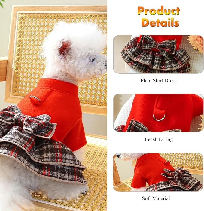 KUTKUT Small Dog Dress Harness with D Ring Cute Bow Knot with Plaid Princess Puppy Dresses Skirt, Spring Winter Warm Cat Dog Clothes for ShihTzu Puppy, Yorkii, Maltese - kutkutstyle