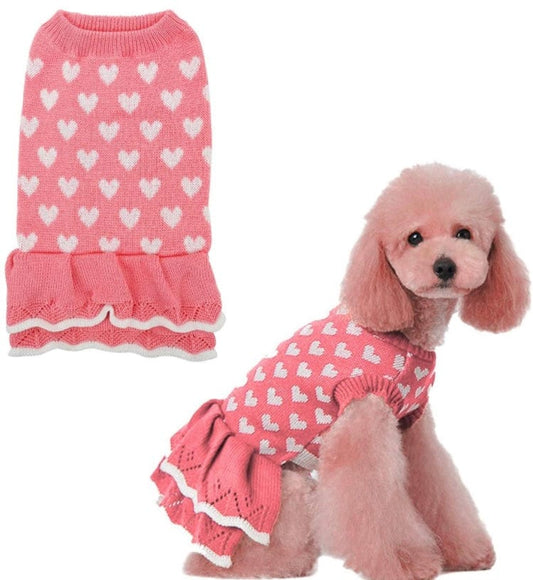 KUTKUT Small Dog Girl Cat Warm Cute Heart Sweater Dress | Pet Beautiful Princess Style Tutu Dress | Female Girl Dog Puppy Cat Soft Knitwear Pullover - kutkutstyle