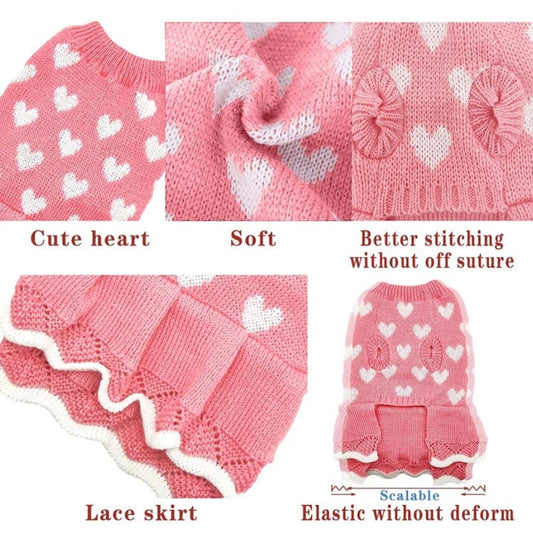 KUTKUT Small Dog Girl Cat Warm Cute Heart Sweater Dress | Pet Beautiful Princess Style Tutu Dress | Female Girl Dog Puppy Cat Soft Knitwear Pullover - kutkutstyle