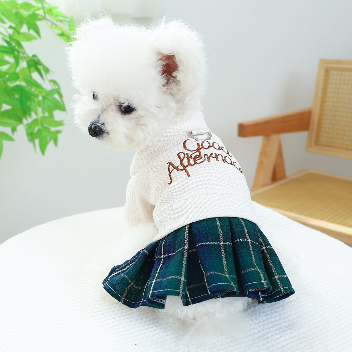 KUTKUT Small Dog Harness Dress with D Ring, Pleated Plaid Embroidered Good Afternoon Skirt Dress For Spring Autumn Cat Dog Clothes for ShihTzu Puppy, Yorkii, Maltese - kutkutstyle