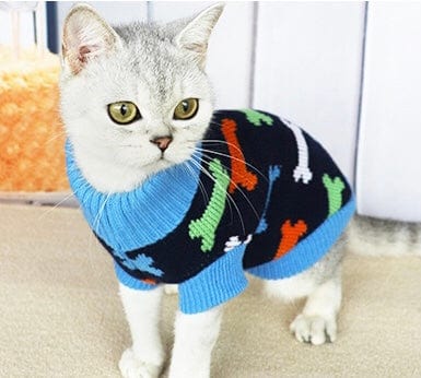 KUTKUT Small Dog Knitted Warm Winter Puppy Kitten Cat Sweater, Cute Bone Doggie Sweater for Small Dogs Girls Boys (Blue) - kutkutstyle