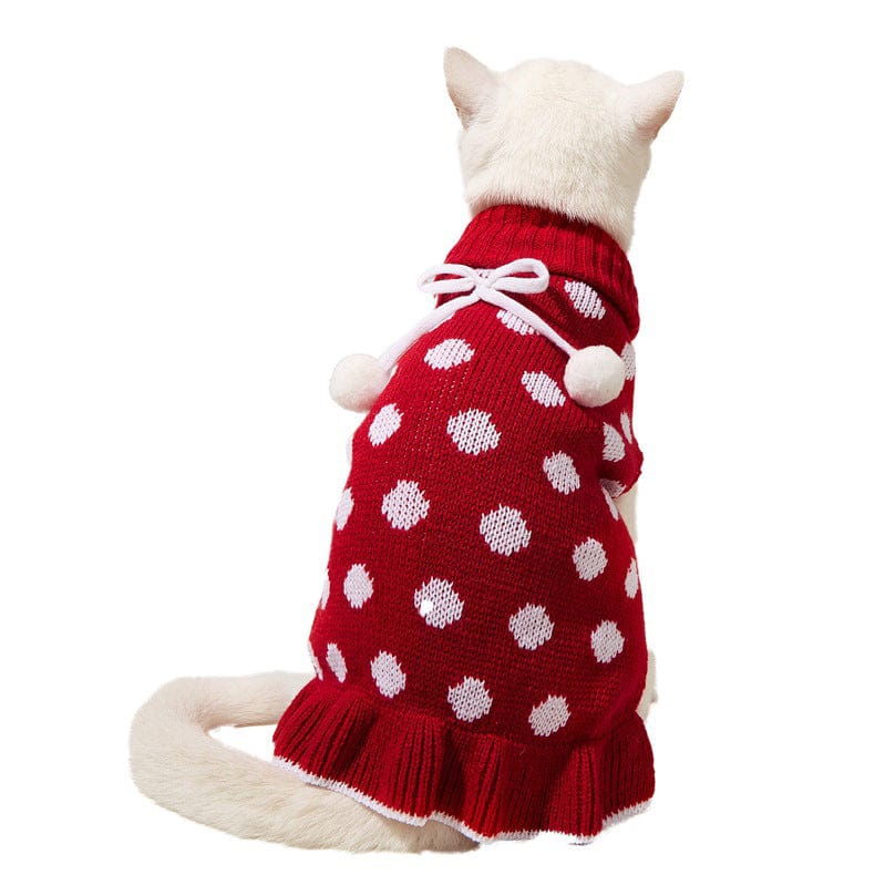KUTKUT Small Dog Sweater Dress Turtleneck Polka Dot Dog Sweaters with Leash Hole Knitwear Warm Pet Sweater with Pom Pom Ball (Red)-Clothing-kutkutstyle