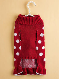 KUTKUT Small Dog Sweater Dress Turtleneck Polka Dot Dog Sweaters with Leash Hole Knitwear Warm Pet Sweater with Pom Pom Ball (Red)-Clothing-kutkutstyle