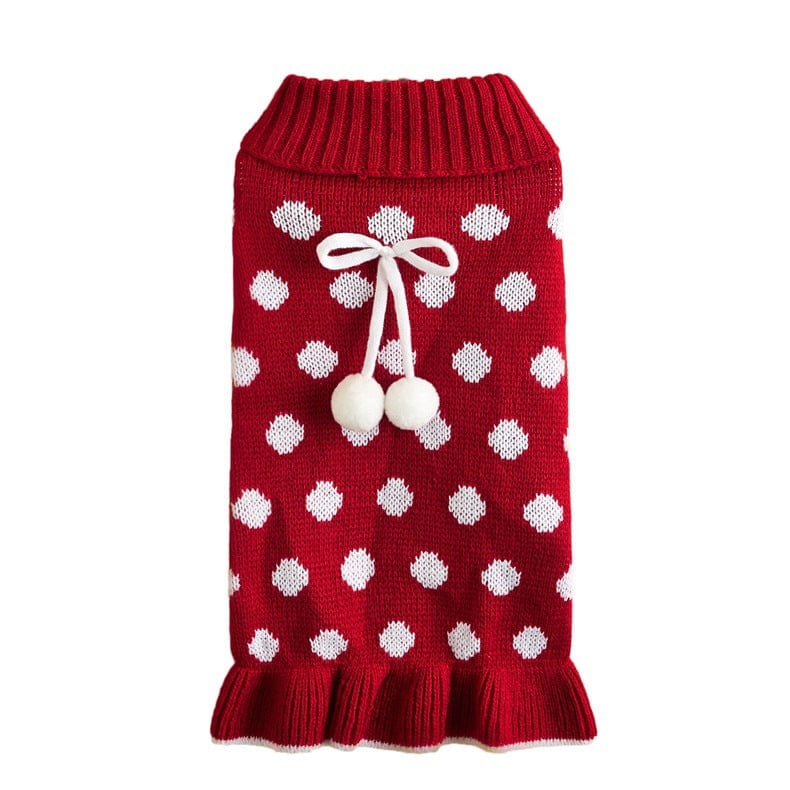 KUTKUT Small Dog Sweater Dress Turtleneck Polka Dot Dog Sweaters with Leash Hole Knitwear Warm Pet Sweater with Pom Pom Ball (Red) - kutkutstyle