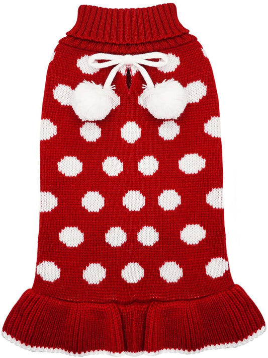 KUTKUT Small Dog Sweater Dress Turtleneck Polka Dot Dog Sweaters with Leash Hole Knitwear Warm Pet Sweater with Pom Pom Ball (Red) - kutkutstyle
