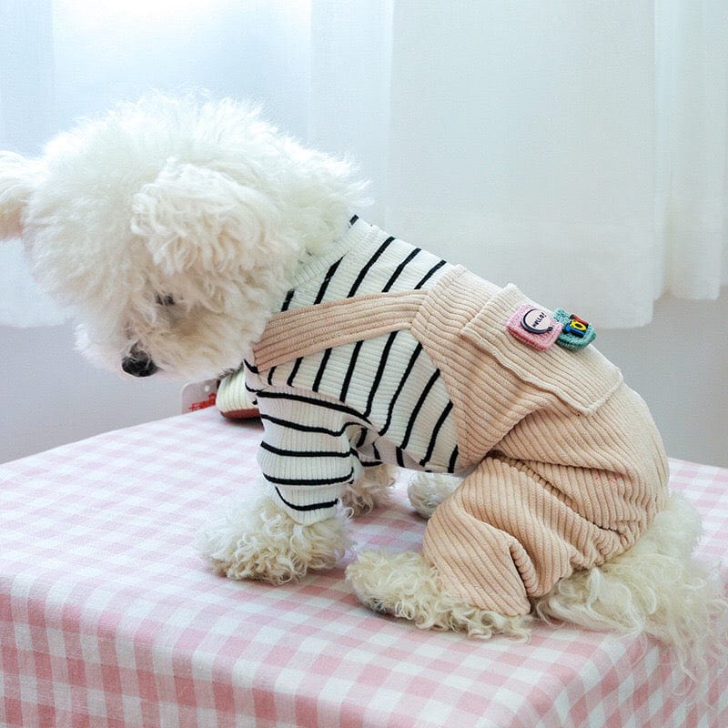 KUTKUT Small Dogs Jumpsuits With Pocket, Non Sticky Hair Pullover Puppy Four -Legged Bodysuit Clothes, Striped Patchwork Puppy Romper Costume - kutkutstyle