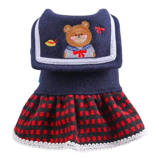 KUTKUT Student Bear Lapel Collar Warm Dress for Small Dogs | Woolen Princess Checkered Skirt for Shish Tzu, Pug, Poodle etc ( Multi) - kutkutstyle