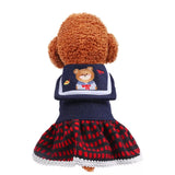 KUTKUT Student Bear Lapel Collar Warm Dress for Small Dogs | Woolen Princess Checkered Skirt for Shish Tzu, Pug, Poodle etc ( Multi) - kutkutstyle