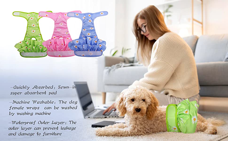 KUTKUT Female Dog Adjustable Diapers Reusable Washable Super Absorbency Leak-Proof Dog Nappie Dresses for Dogs in Heat, Period or Excitable Urination, Sanitary Panties Dress (Blue) - kutkutst