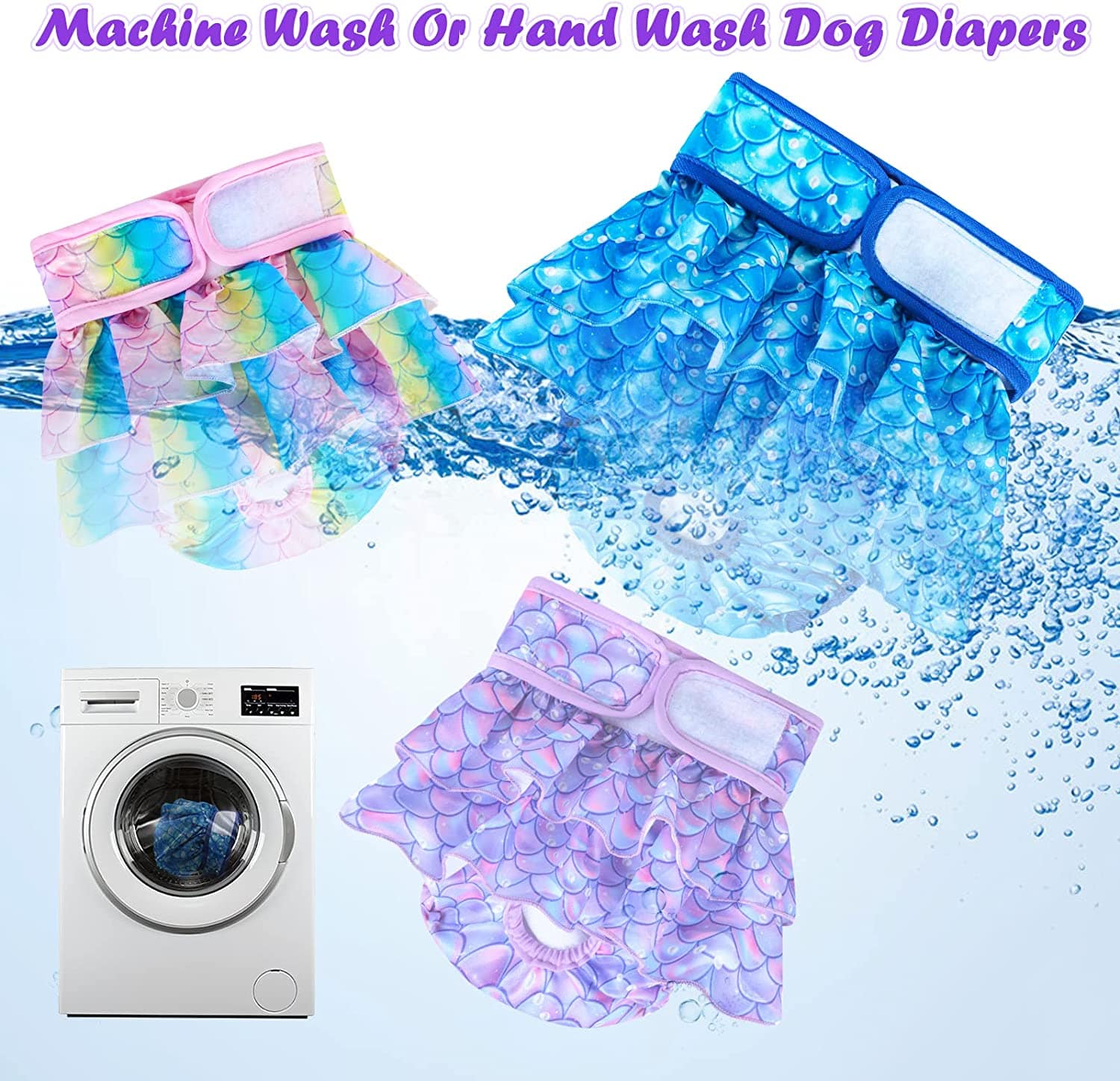 KUTKUT Female Dog Adjustable Diapers Washable Reusable Super Absorbency Leak-Proof Mermaid Pattern Dog Nappie for Dogs in Heat, Period or Excitable Urination, Sanitary Panties (Multi) - kutku