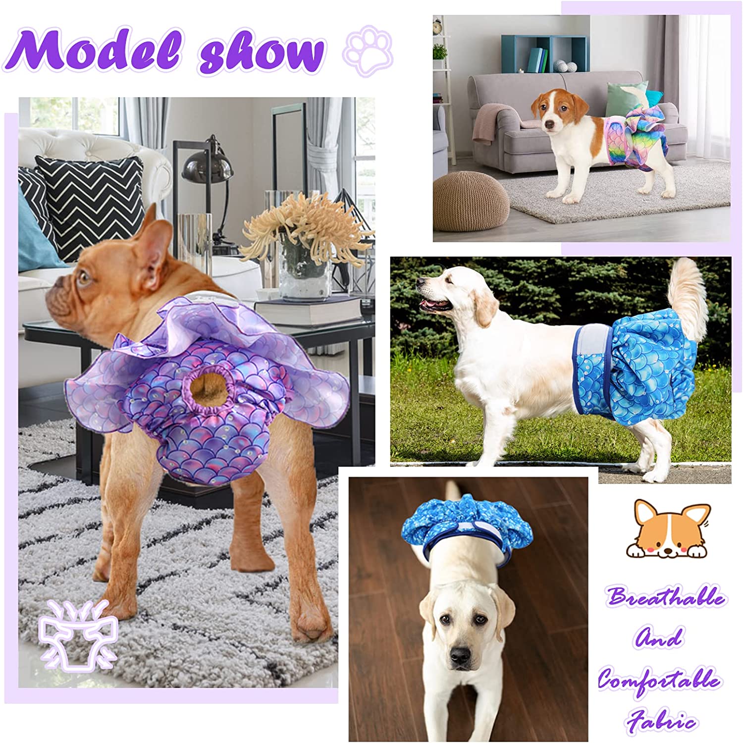 KUTKUT Female Dog Diapers, No Leak Washable Female Dog Diapers, Highly Absorbent Diapers for Dogs Female in Heat, Incontinence, Excitable Urination or Period Reusable Dog Skirt Diapers (Multi