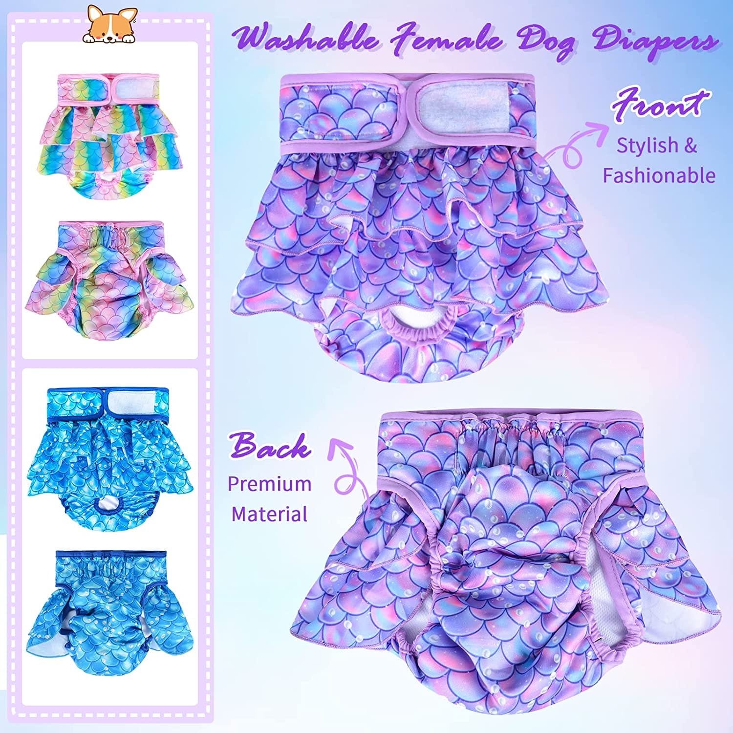KUTKUT Female Dog Diapers, No Leak Washable Female Dog Diapers, Highly Absorbent Diapers for Dogs Female in Heat, Incontinence, Excitable Urination or Period Reusable Dog Skirt Diapers (Multi
