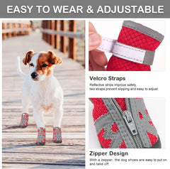 KUTKUT Dog Boots for Hot Pavement Hardwood Floor, Breathable Dog Shoes for Small Medium Dogs with Reflective & Adjustable Strap Zipper, Anti-Slip Paw Protection Dog Booties Red - kutkutstyle