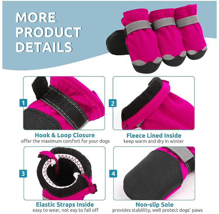 KUTKUT Dog Boots for Small, Medium and Large Dogs | Winter Snow Waterproof Paw Protector | Reflective Straps and Non-Slip Sole Soft & Lightweight Shoes for ShizhTzu, Pug etc. (Pink) - kutkuts