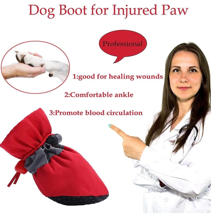 KUTKUT Dog Boots Paw Protector | Pack of 4pcs Anti-Slip Dog Shoes with Reflective Straps for Small Breed Dogs (Red) - kutkutstyle