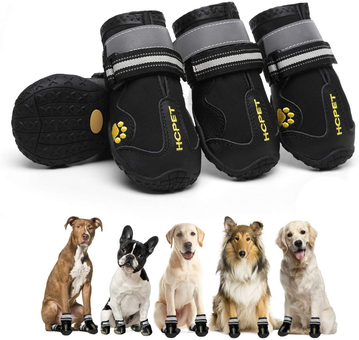 KUTKUT Dog Pack of 4pcs Boots, Waterproof Dog Shoes, Dog Booties with Reflective Rugged Anti-Slip Sole and Skid-Proof, Outdoor Dog Rain Boots for Medium to Large Dogs, Four Ways Stretch Paw Protectors Black-dog shoes-kutkutstyle