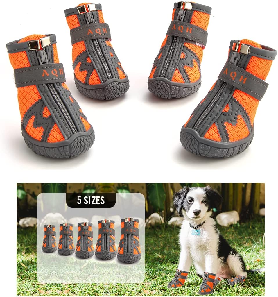 KUTKUT Dog Shoes for Hot Pavement Hardwood Floor, Breathable Dog Booties for Small Medium Dogs with Reflective & Adjustable Strap Zipper, Antislip Paw Protection Dog Boots Orange-dog shoes-kutkutstyle