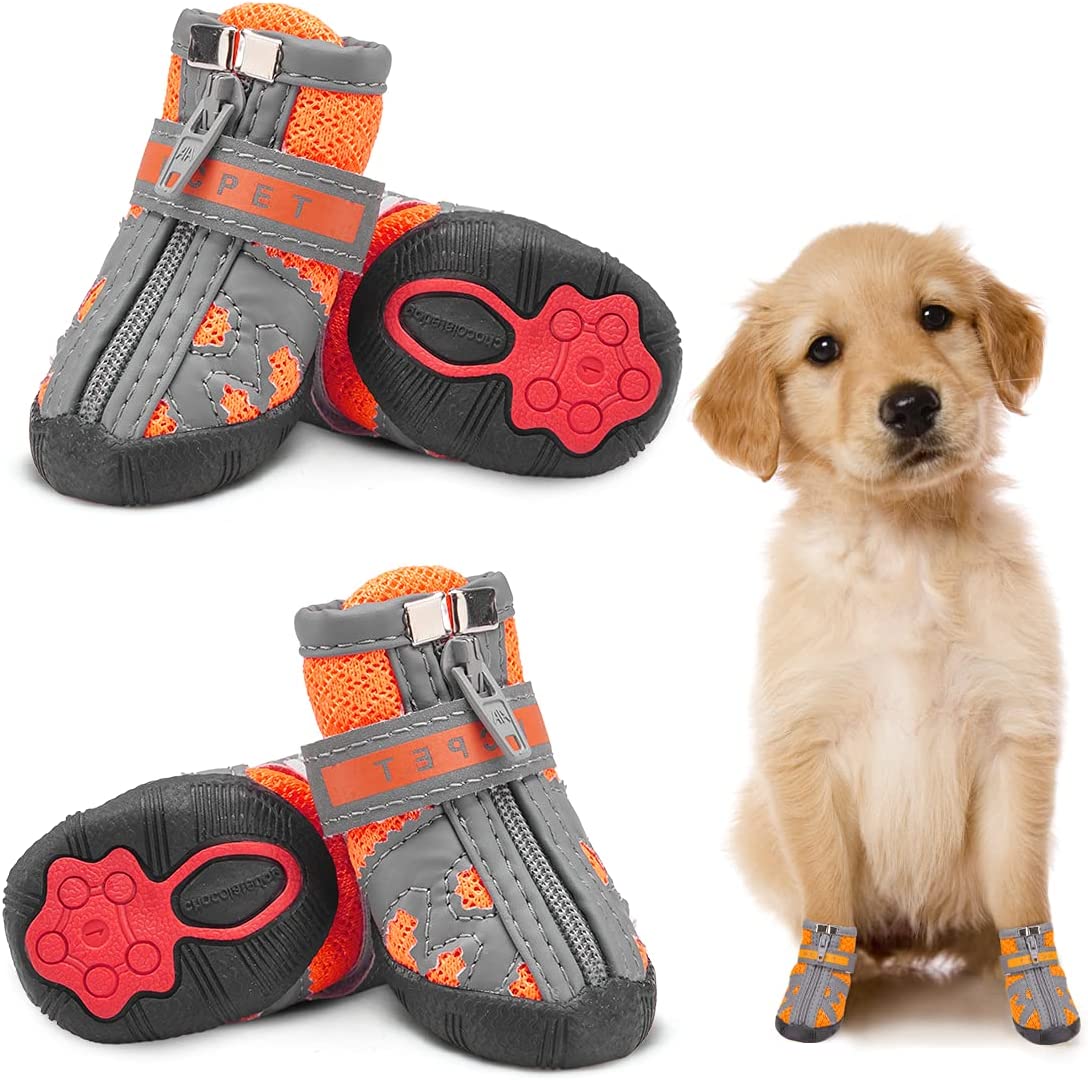 KUTKUT Dog Shoes for Hot Pavement Hardwood Floor, Breathable Dog Booties for Small Medium Dogs with Reflective & Adjustable Strap Zipper, Antislip Paw Protection Dog Boots Orange - kutkutstyl