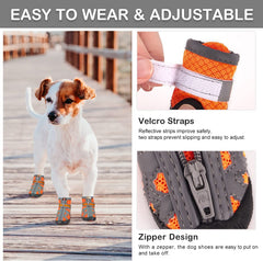 KUTKUT Dog Shoes for Hot Pavement Hardwood Floor, Breathable Dog Booties for Small Medium Dogs with Reflective & Adjustable Strap Zipper, Antislip Paw Protection Dog Boots Orange - kutkutstyl