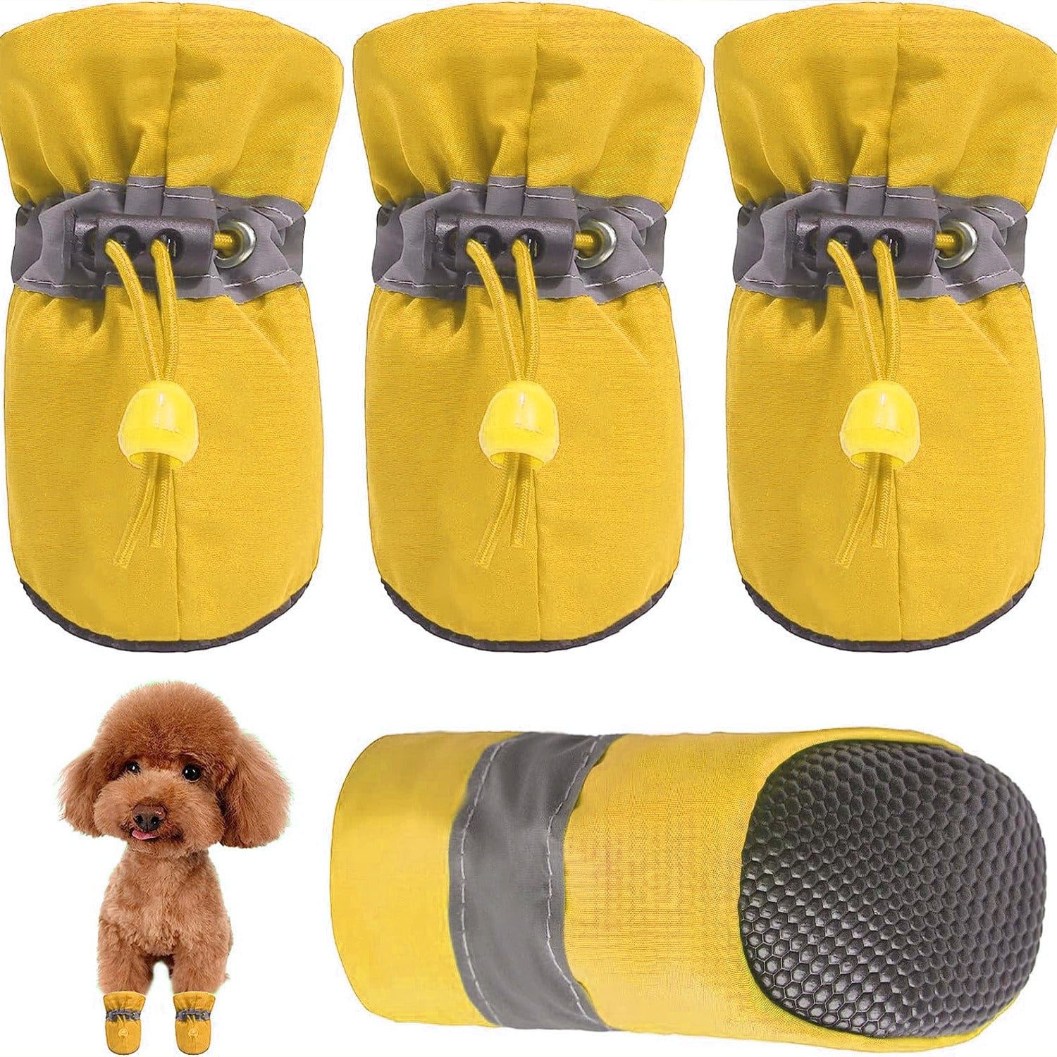 kutkutstyle dog shoes KUTKUT Washable Dog Boots Paw Protector for Hot Pavement | Pack of 4pcs Anti-Slip Dog Shoes with Reflective Straps for Small Breed Dogs (Yellow)