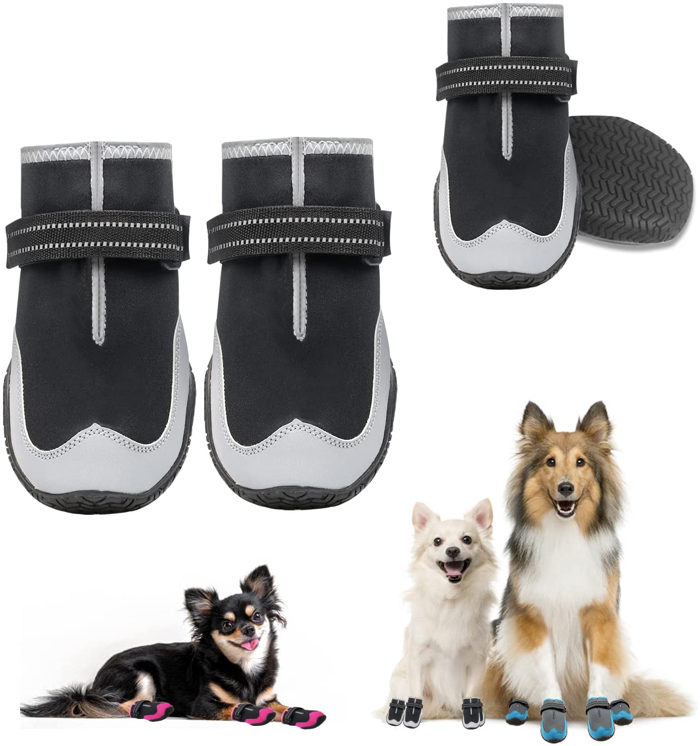 KUTKUT Waterproof Dog Boots for Hot Pavement Dogs Shoes Heat Protection Paw Breathable Non-Slip Rain Shoes Adjustable Reflective Straps for Small Medium Large Dogs 4PCS Black-dog shoes-kutkutstyle