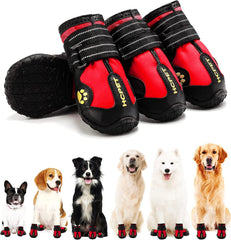 KUTKUT Waterproof Dog Boots for Medium Large Dogs | Dog Rain Boots | Dog Outdoor Shoes with Two Reflective Fastening Straps and Rugged Anti-Slip Sole Red - kutkutstyle