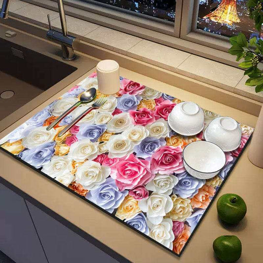 EZYHOME 3D Floral Dish Drying Mat for Kitchen Counter, Super Absorbent, Heat Resistant, Non-Slip Dish Drying Pad, Hide Stain Coffee Mat, Table Mat Under Appliance, Ethnic Style - kutkutstyle