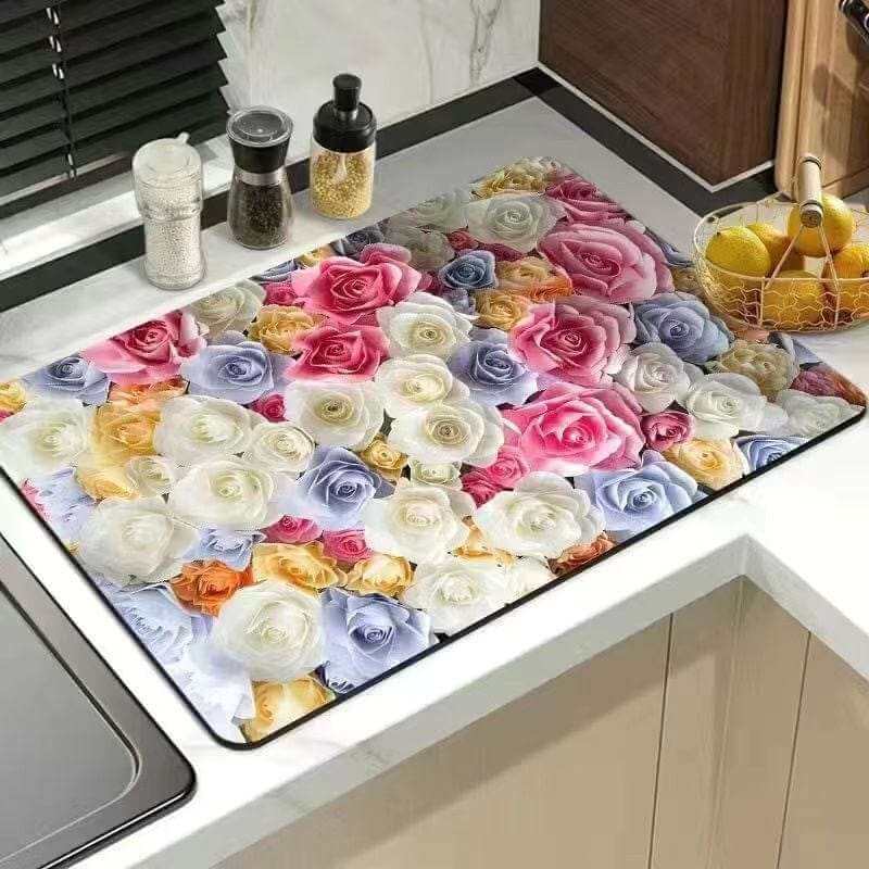 kutkutstyle EZYHOME 3D Floral Dish Drying Mat for Kitchen Counter, Super Absorbent, Heat Resistant, Non-Slip Dish Drying Pad, Hide Stain Coffee Mat, Table Mat Under Appliance, Ethnic Style