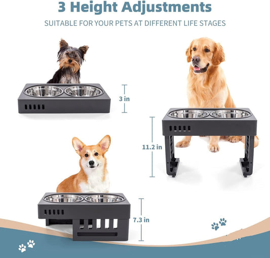 KUTKUT Elevated Dog Bowls 3 Adjustable Heights, Raised Dog Bowl for Large Medium Small Dogs and Pets, Dog Bowl Stand with 2 Stainless Steel Dog Food Bowls, 3 Heights 3"/7.3"/11.2"… - kutkut