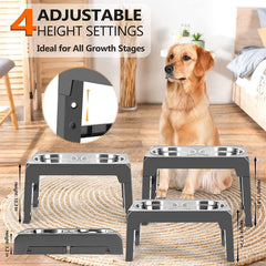 KUTKUT Elevated Dog Bowls 4 Adjustable Heights, Raised Dog Bowl for Large Medium Small Dogs and Pets, Dog Bowl Stand with 2 Stainless Steel Dog Food Bowls, 4 Heights 3.1", 8.6", 10.2", 11.8" 