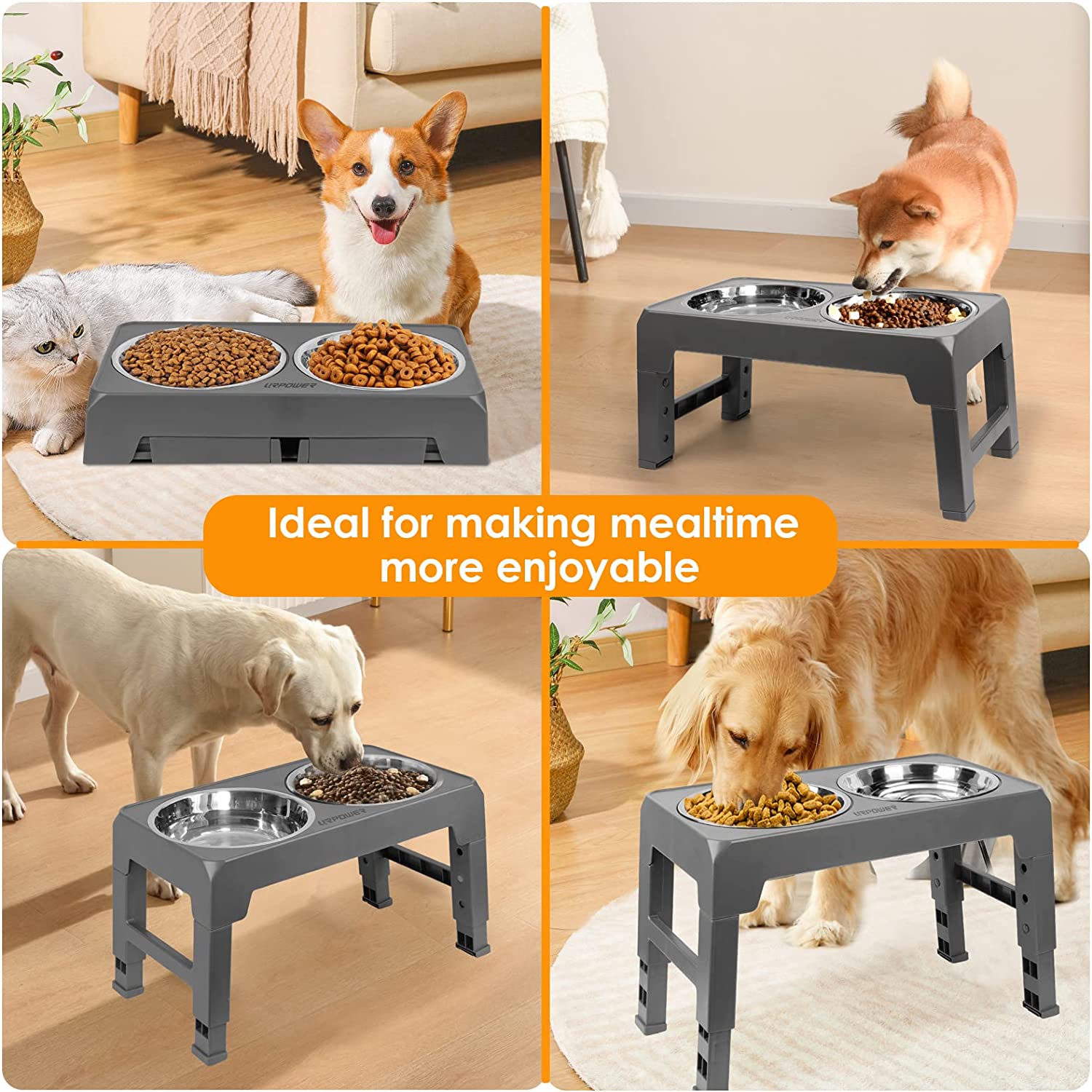 KUTKUT Elevated Dog Bowls 4 Adjustable Heights, Raised Dog Bowl for Large Medium Small Dogs and Pets, Dog Bowl Stand with 2 Stainless Steel Dog Food Bowls, 4 Heights 3.1", 8.6", 10.2", 11.8" 