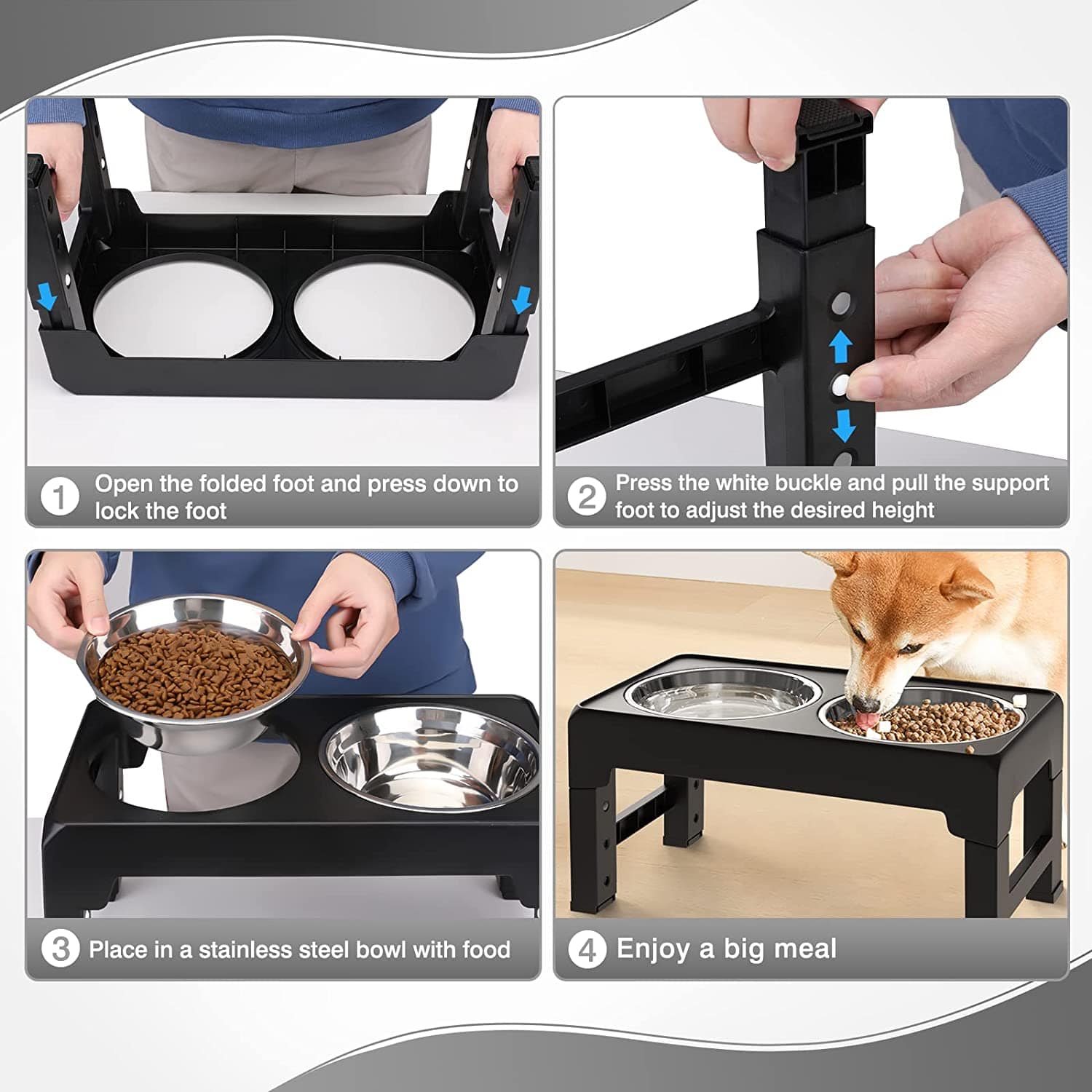 KUTKUT Elevated Dog Food Bowls 4 Height Adjustable Raised Dog Bowl with 2 Stainless Steel Dog Food Bowls Non-Slip Dog Bowl Stand Adjusts to 3.1", 8.6", 10.2", 11.8" for Small Medium Large Dog